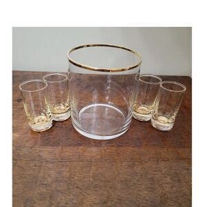 Vintage MCM Shot Glass Set w/ Holder Barware‎ Gold Tone Rim Retro